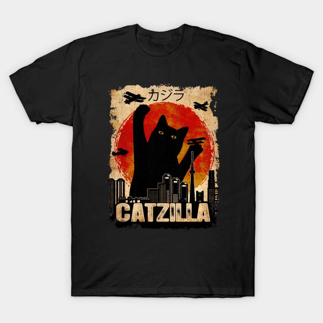 Vintage Catzilla Funny Black Cat T-Shirt by Dailygrind